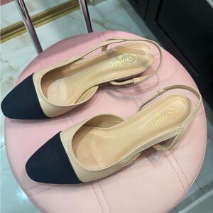 Two-Tone Beige and Black Slingback Flats